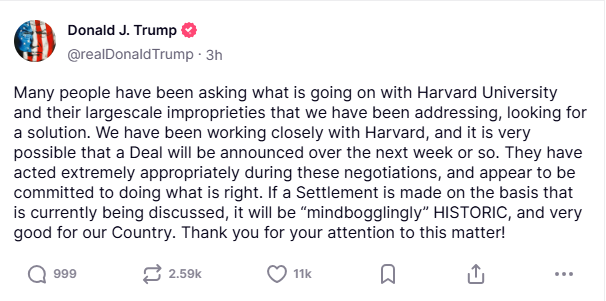 Trump dice estar cerca de un posible acuerdo con Harvard 1 Screenshot 2025 06 20 154635