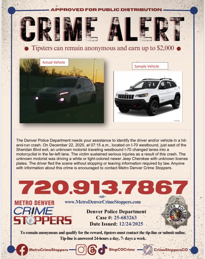 Denver: Buscan Jeep Cherokee tras choque con fuga que dejó a motociclista gravemente herido en la I-70