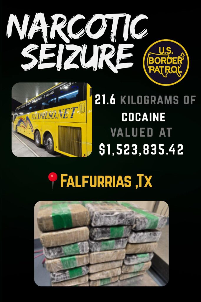 Incautación de 21.6 Kilogramos de Cocaína en el Punto de Control de Falfurrias por la Patrulla Fronteriza