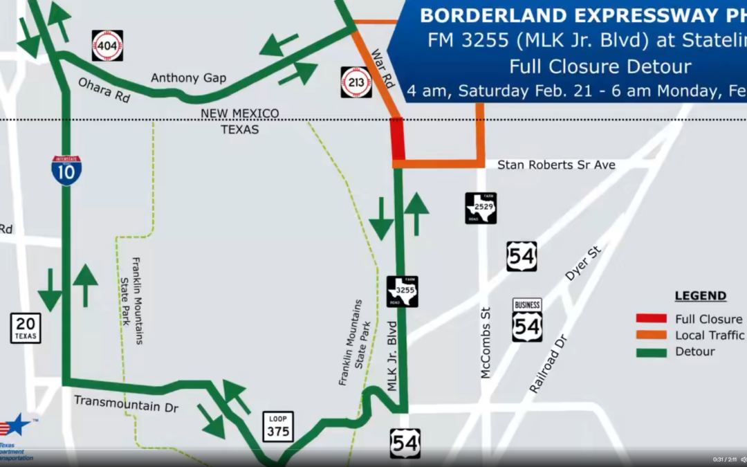 Cambios de tráfico y cierre total por obras del Borderland Expressway en El Paso
