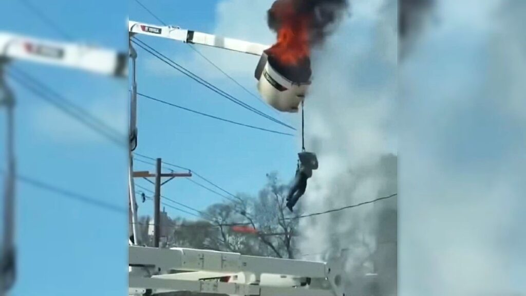 Accidente laboral: Trabajador cae desde 6 metros tras quedar colgando de una plataforma ardiente | VIDEO