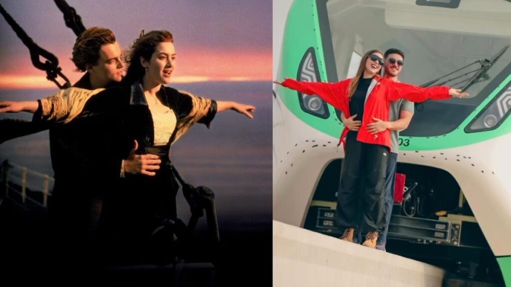 Samuel García y Mariana Rodríguez recrean famosa escena de Titanic sobre un monorriel