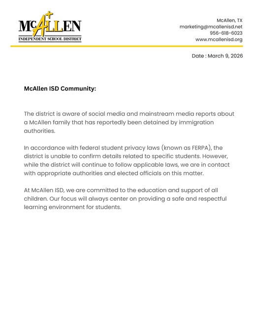McAllen ISD Responde al Arresto de una Familia por Agentes Migratorios