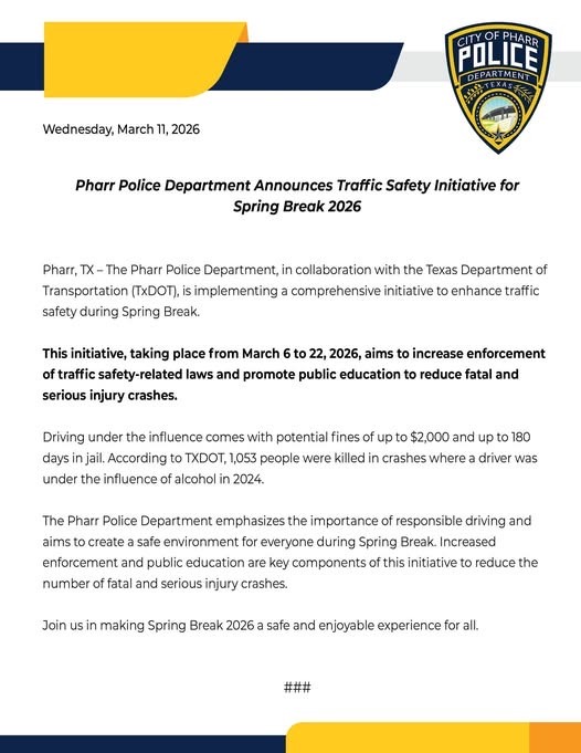 Iniciativa de Seguridad Vial de la Policía de Pharr para un Spring Break 2026 Seguro