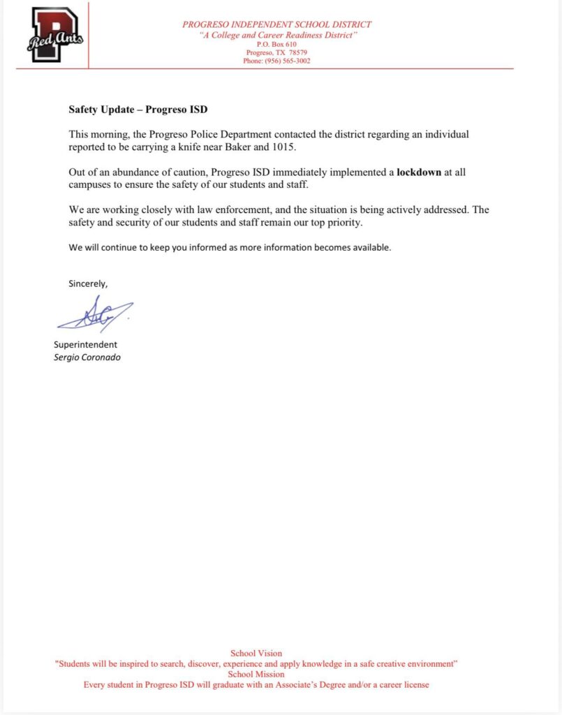 Progreso ISD inicia cierre de emergencia por posible amenaza con cuchillo