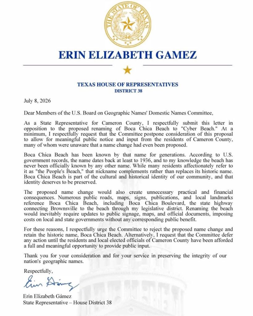 Erin Elizabeth Gámez se opone al cambio de nombre de Boca Chica Beach a “Cyber Beach”