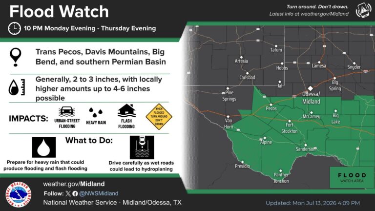 Alerta meteorológica en el condado de Pecos por fuertes lluvias y riesgo de inundaciones