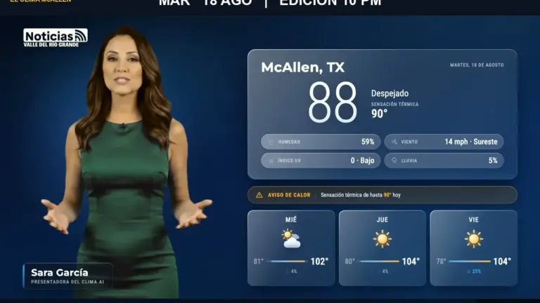 Clima en McAllen hoy: noche despejada con 88° y humedad de 59%
